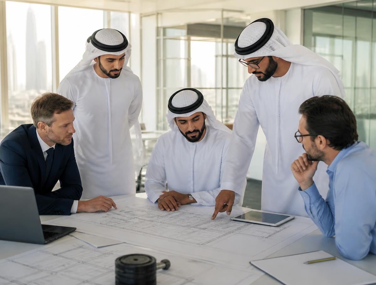 UT Technology engineers reviewing project drawings with Emirati clients in Dubai