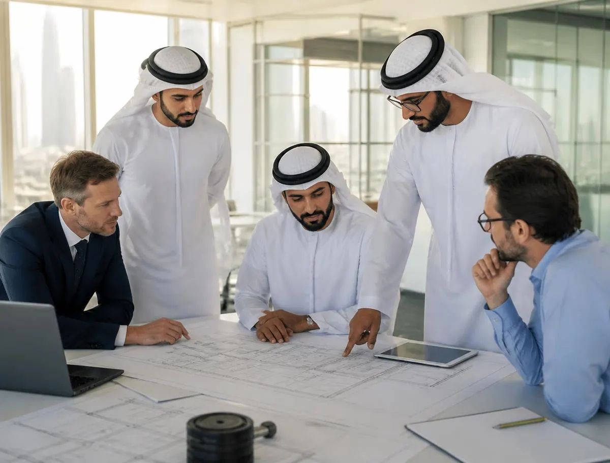 UT Technology engineers reviewing project drawings with Emirati clients in Dubai