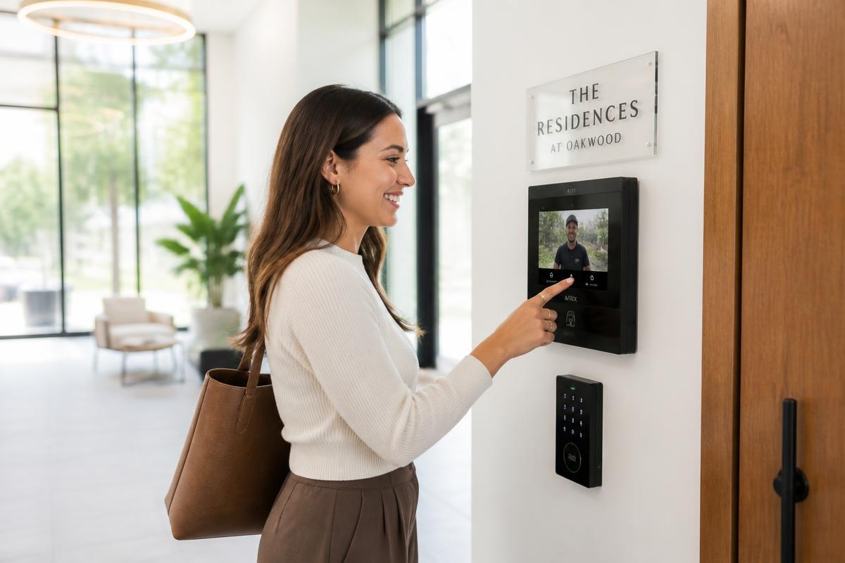 Smart intercom and access panel in a modern residential corridor