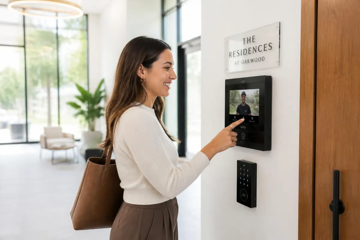 Smart intercom and access panel in a modern residential corridor