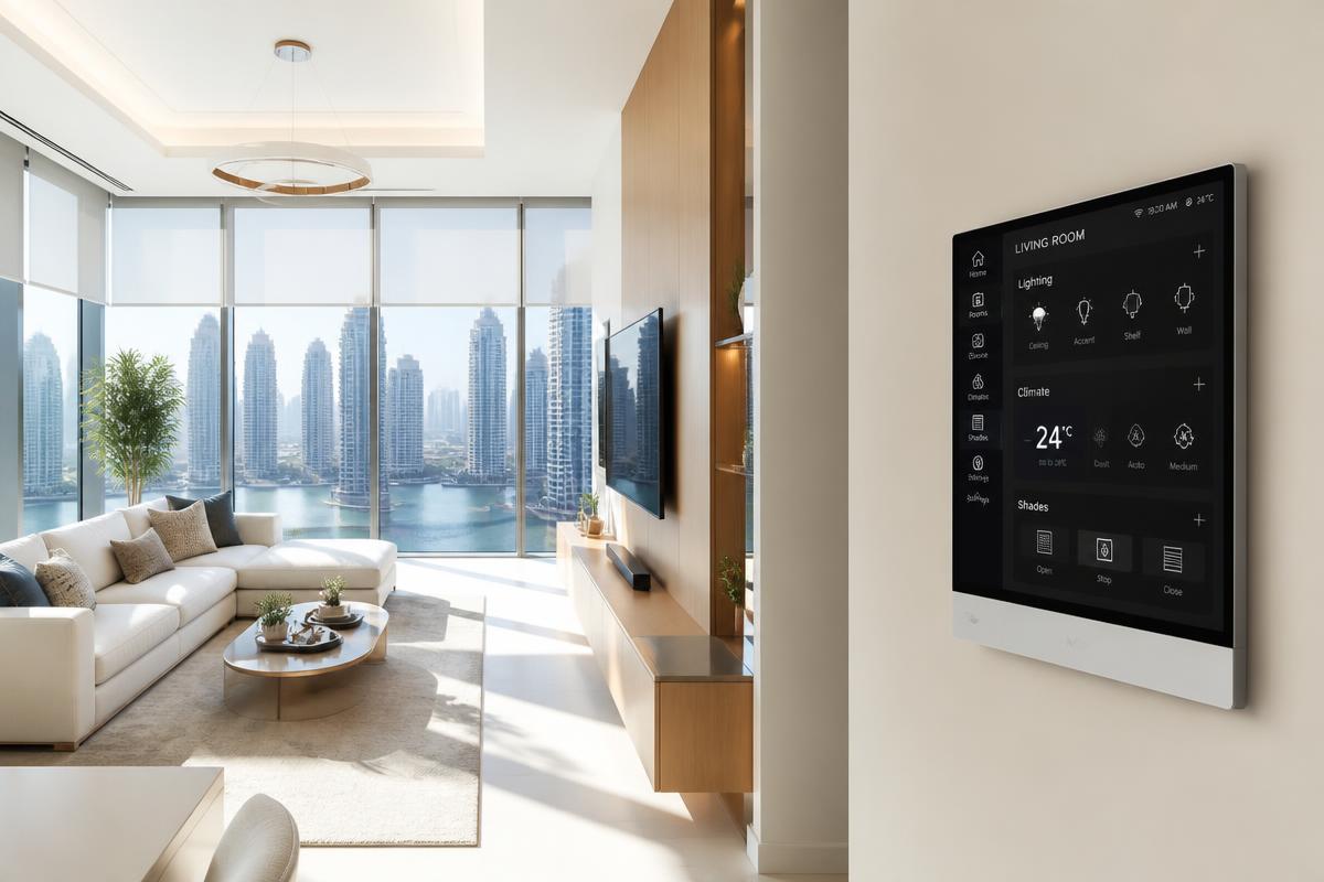 Smart home control panel glowing on the wall of a modern living room