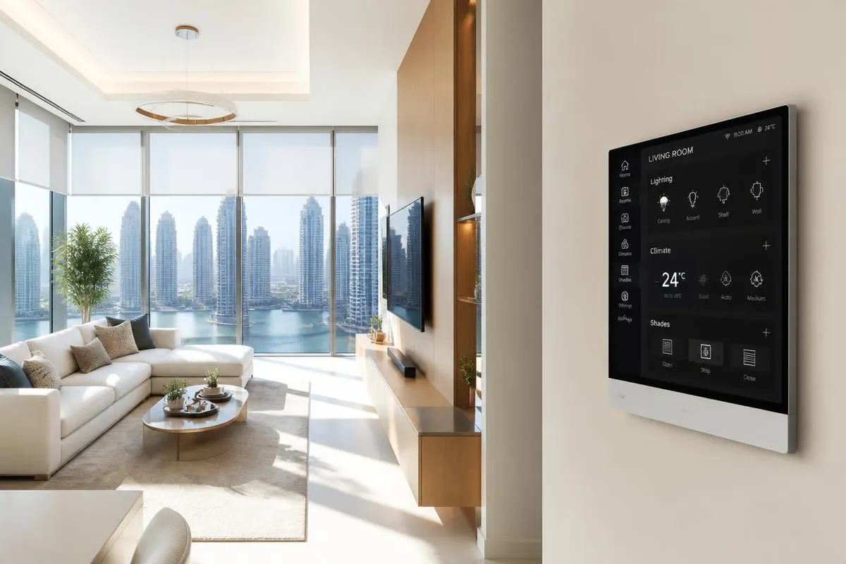 Smart home control panel glowing on the wall of a modern living room