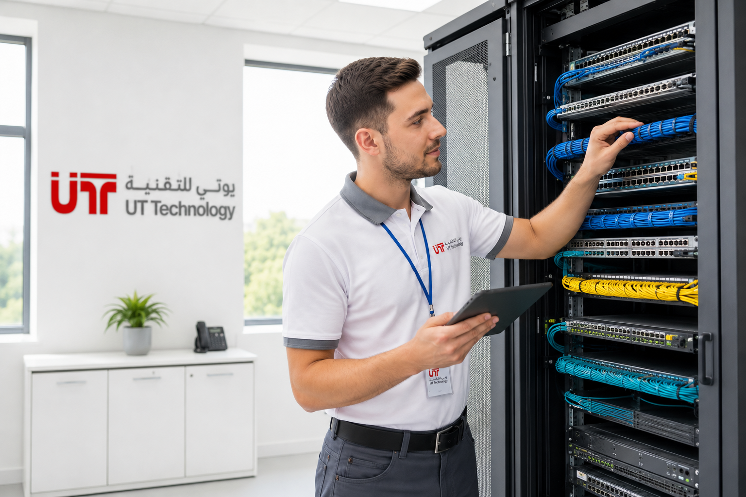 UT Technology engineer maintaining a network rack