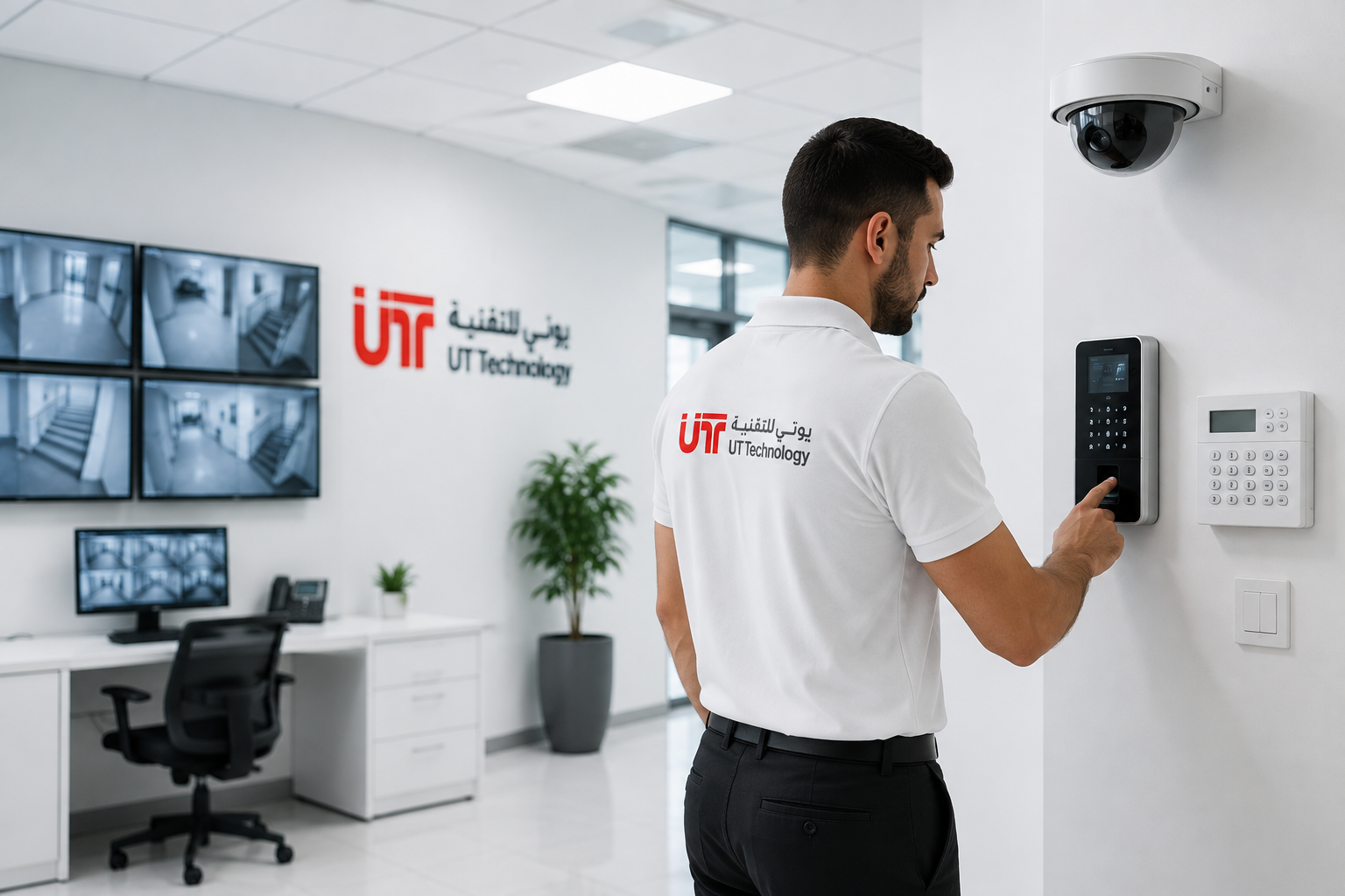 UT Technology engineer operating an access control panel beside a CCTV monitoring wall