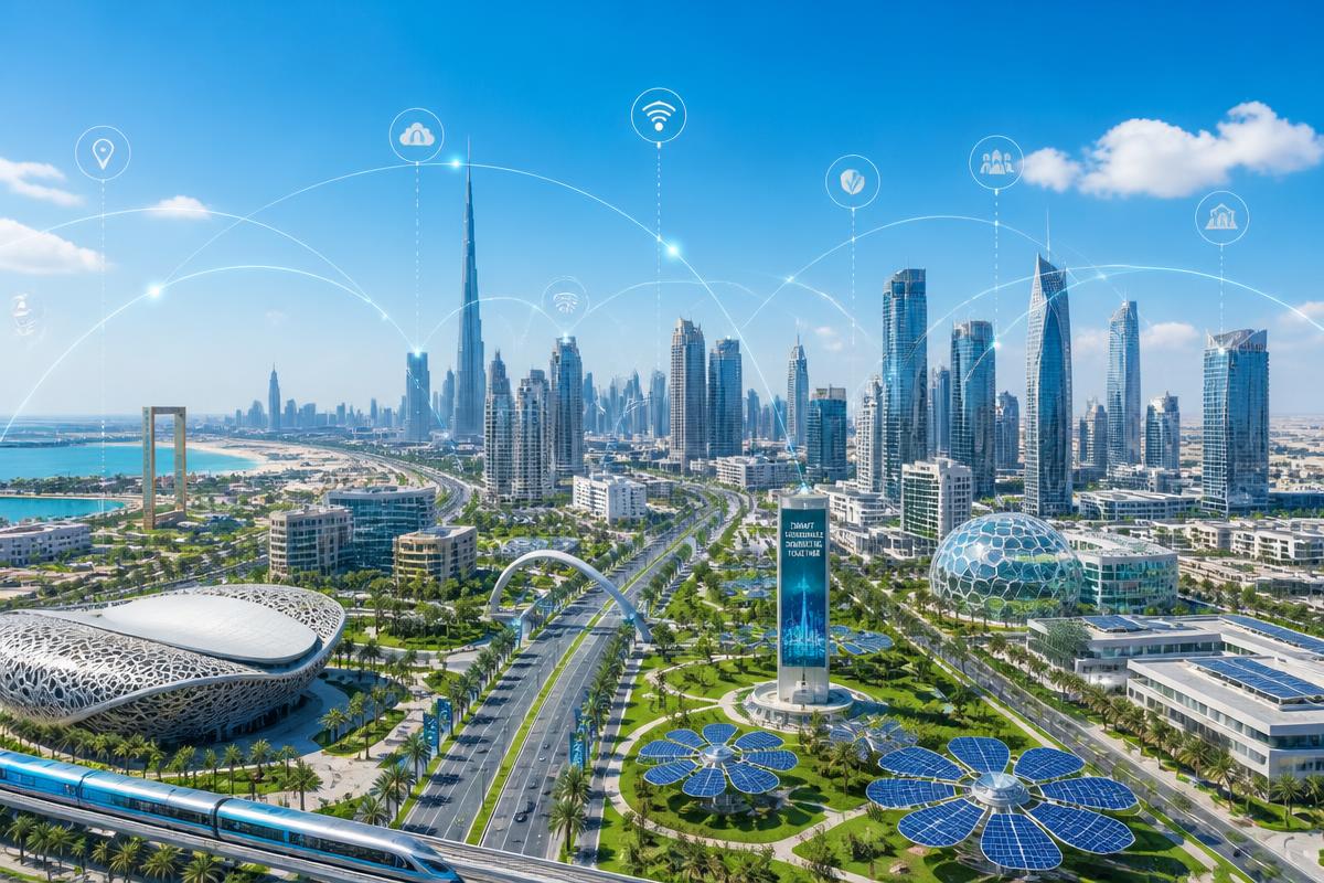 Aerial daytime view of a connected Gulf smart city